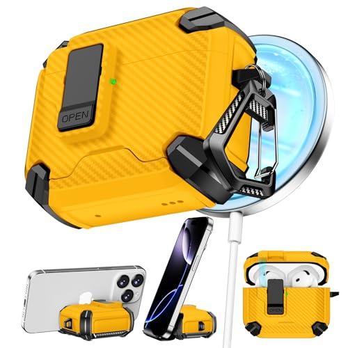 Pohgelan Compatible with AirPods 4 Case,Magnetic Automatic Lock with Phone Stand & Cleaning Kit,Compatible with Magsafe,Carbon Fiber Texture Cover -Yellow