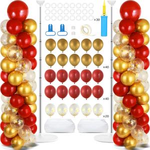 2 Sets Red Gold Balloon Column Stand Kit with 100 Balloons Adjustable Balloon Tower Stand with Bases for Floor Red Gold Confetti Balloon Column Kit for Sport Birthday Wedding Back to School Party