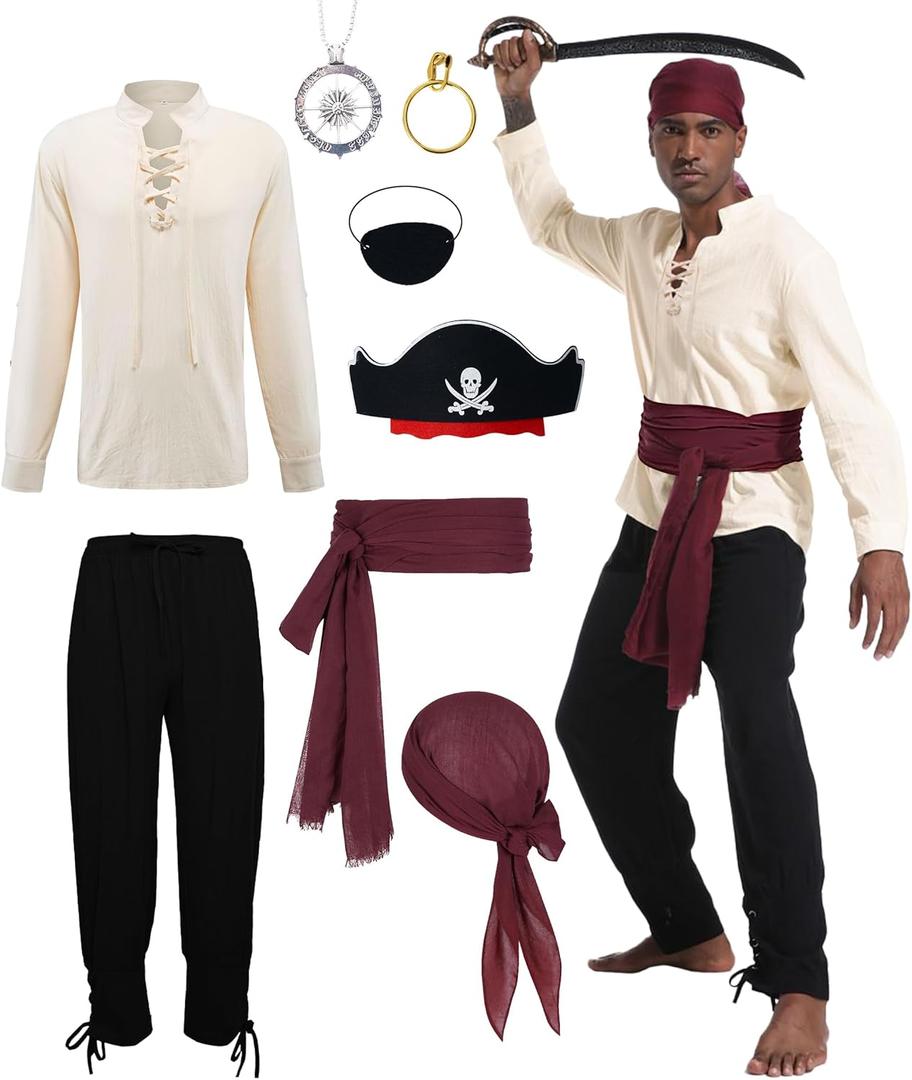 Mens Pirate Costume Adult Medieval Shirt Viking Ankle Banded Pants with Compass Necklace 5 Pcs Pirate Accessories Set (M)