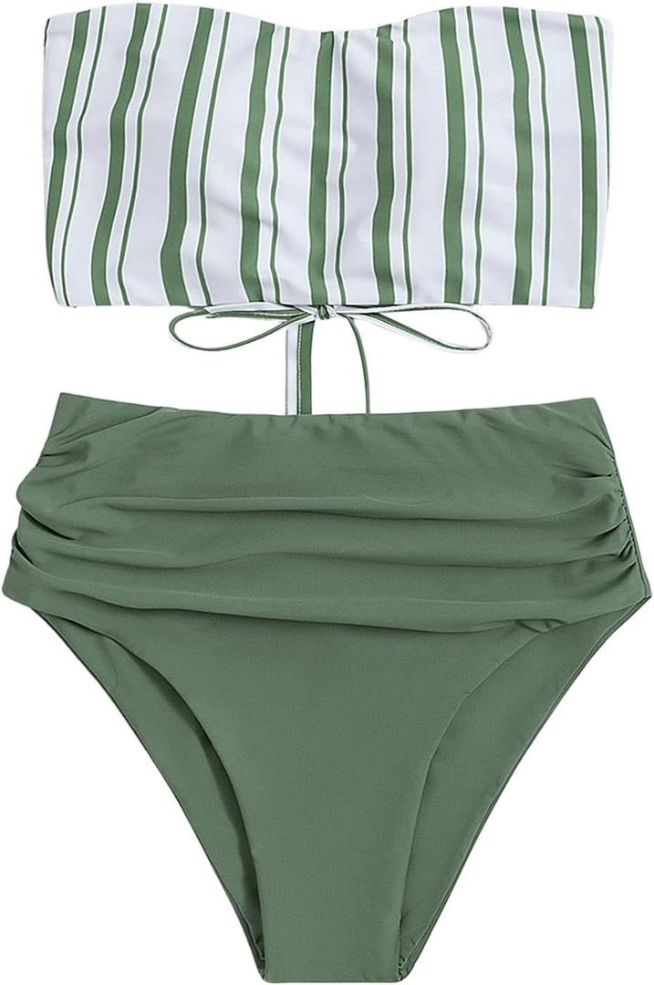 SweatyRocks Women's Bathing Suits Striped Bandeau Bikini high Waisted Swimsuits Swimwear Set (Army Green) S