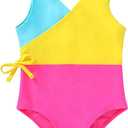 YOUNGER TREE Toddler Girl One Piece Swimsuit Color Block Stripe Swimwear Summer Beach Bathing Suit 12M-5T (9-10 Years, Bright Yellow Candy Color Block)