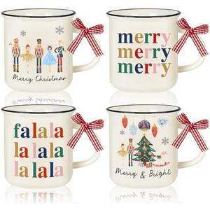 4Pcs Christmas Mini Mugs with Plaid Ribbon 8.5 Oz Watercolor Nutcracker Mini Coffee Mug Xmas Winter Party Cups for Table Centerpieces Tiered Tray Decor Gifts