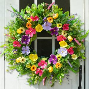 Spring Summer Wreaths for Front Door 24 Inch, Luxury Colorful Seasonal Wreath with Eucalyptus & Wild Blooms, Artificial Floral Wreath for Indoor Outdoor Home Wall Porch Mantel Spring Summer Decor