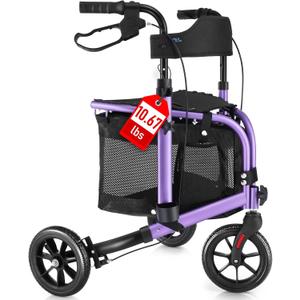 WALK MATE 3 Wheel Rollator Walker with Seat for Slim Seniors, Padded Backrest Lightweight Foldable Travel Walker Ideal for Elderly, 8 Inch Tri-Wheel Modern Mobility Walking Aid Aluminum, Purple