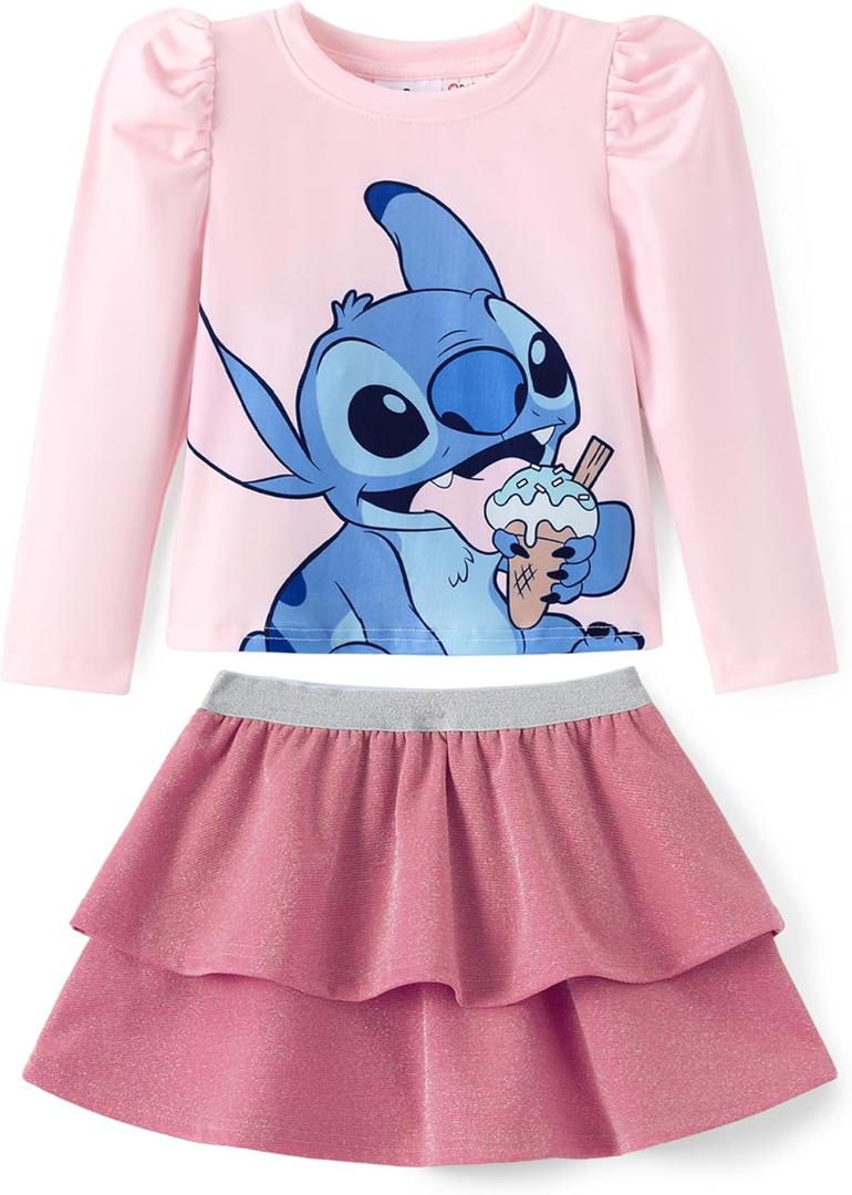 Disney Frozen Elsa Stitch Princess Minnie Toddler Girl 2 Piece Outfit Puff Sleeve Top & Sparkly Skirt Set Birthday Dress (6-7 Years)