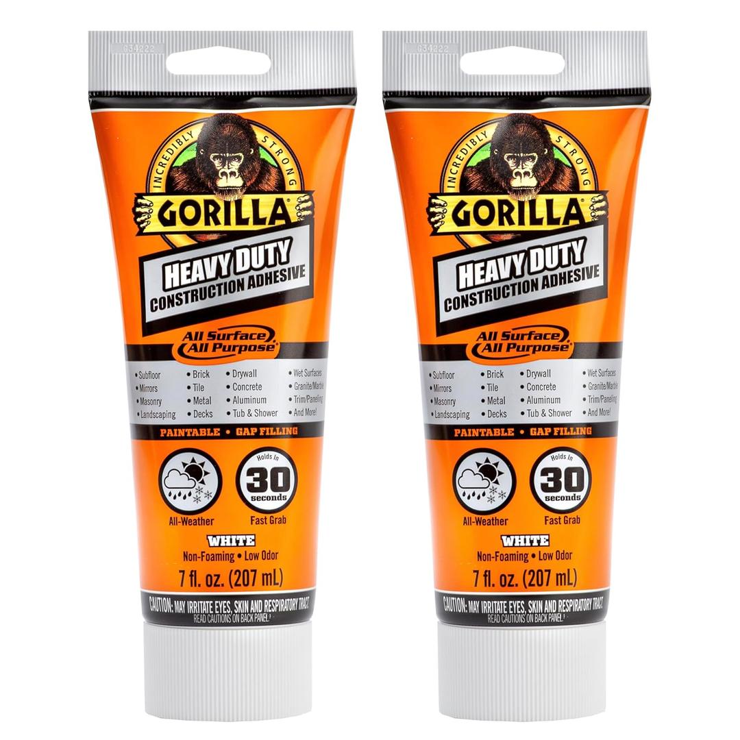 Gorilla Heavy Duty Construction Adhesive, White Glue, 7 Ounce Squeeze Tube (Pack of 2) - Gap Filling and Waterproof Gorilla Heavy Duty Construction Adhesive, White Glue, 7 Ounce Squeeze Tube (Pack of 2) - Gap Filling and Waterproof