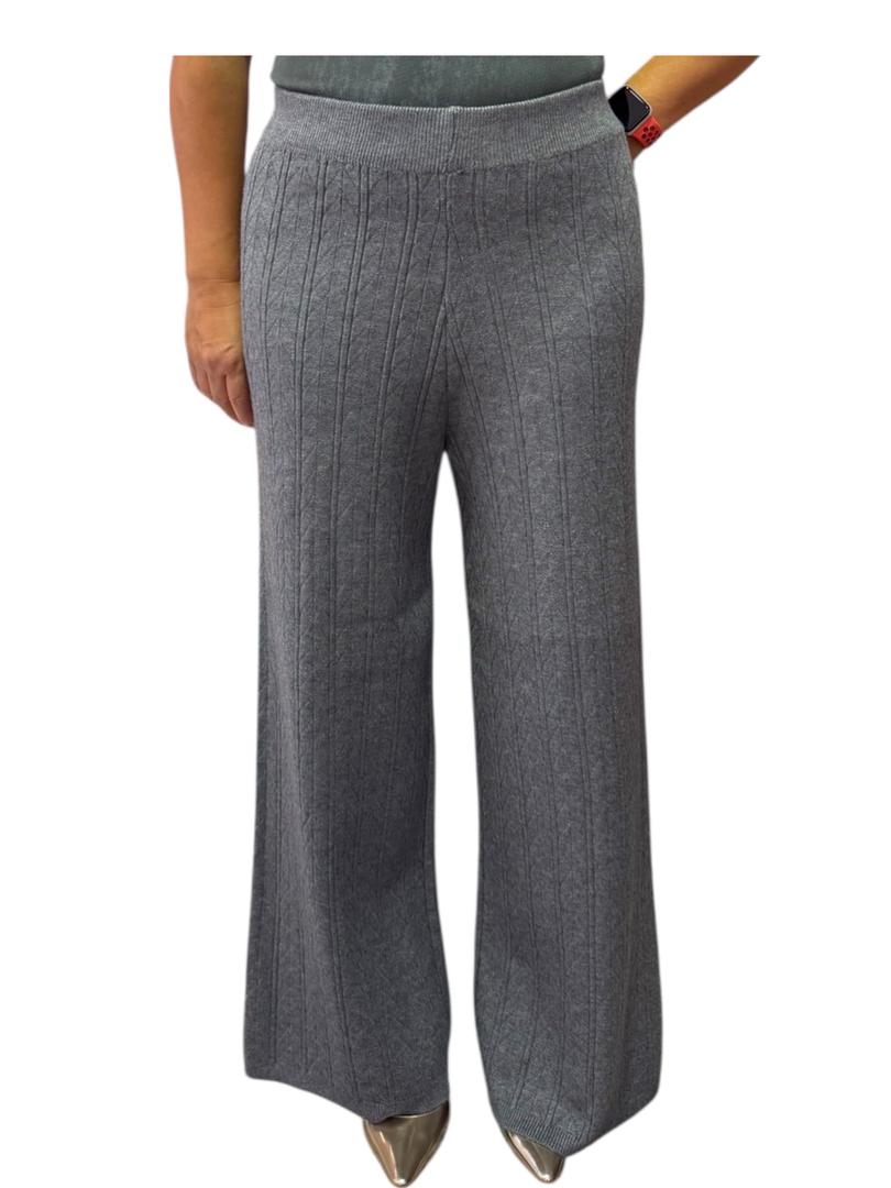 Women's Knit Wide Leg Pants, Cable Pattern, Elastic Waist, Grey, One Size