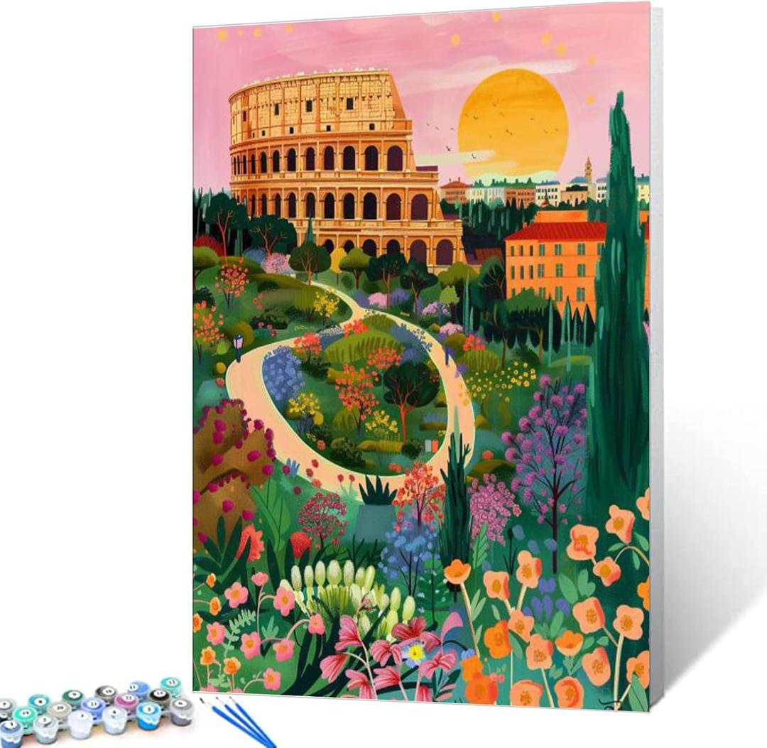 Rome Colosseum Scenery DIY Paint by Numbers for Adults Abstract Famous Landscape DIY Oil Painting Acrylic Paint Art Painting Kits Canvas with Acrylic Paints Colorful Scenery Art 16x20 InchFrameless