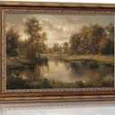 Vintage Gold Framed Landscape Wall Art Vintage River Painting Canvas Prints Landscape Wall Decor Countryside Sheep Painting Style Poster Print Artwork for Living Room Bedroom Home Decoration, 24"L x 16"W