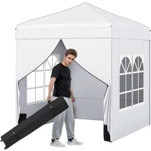 Tangkula 6.5x6.5 FT Pop Up Canopy, UPF50+ Outdoor Canopy Tent with 2 Removable Sidewalls, 2 Zippered Doors, Heavy-Duty Carbon Steel Frame, Wheeled Bag, 4 Sandbags, 8 Stakes, 4 Wind Ropes (White)