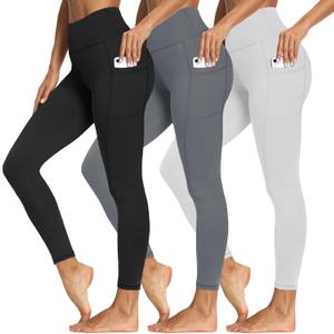 3 Packs Leggings with Pockets for Women, Soft High Waisted Tummy Control Workout Yoga Pants (Large-X-Large, 3 Pack Black,white,dark Grey)