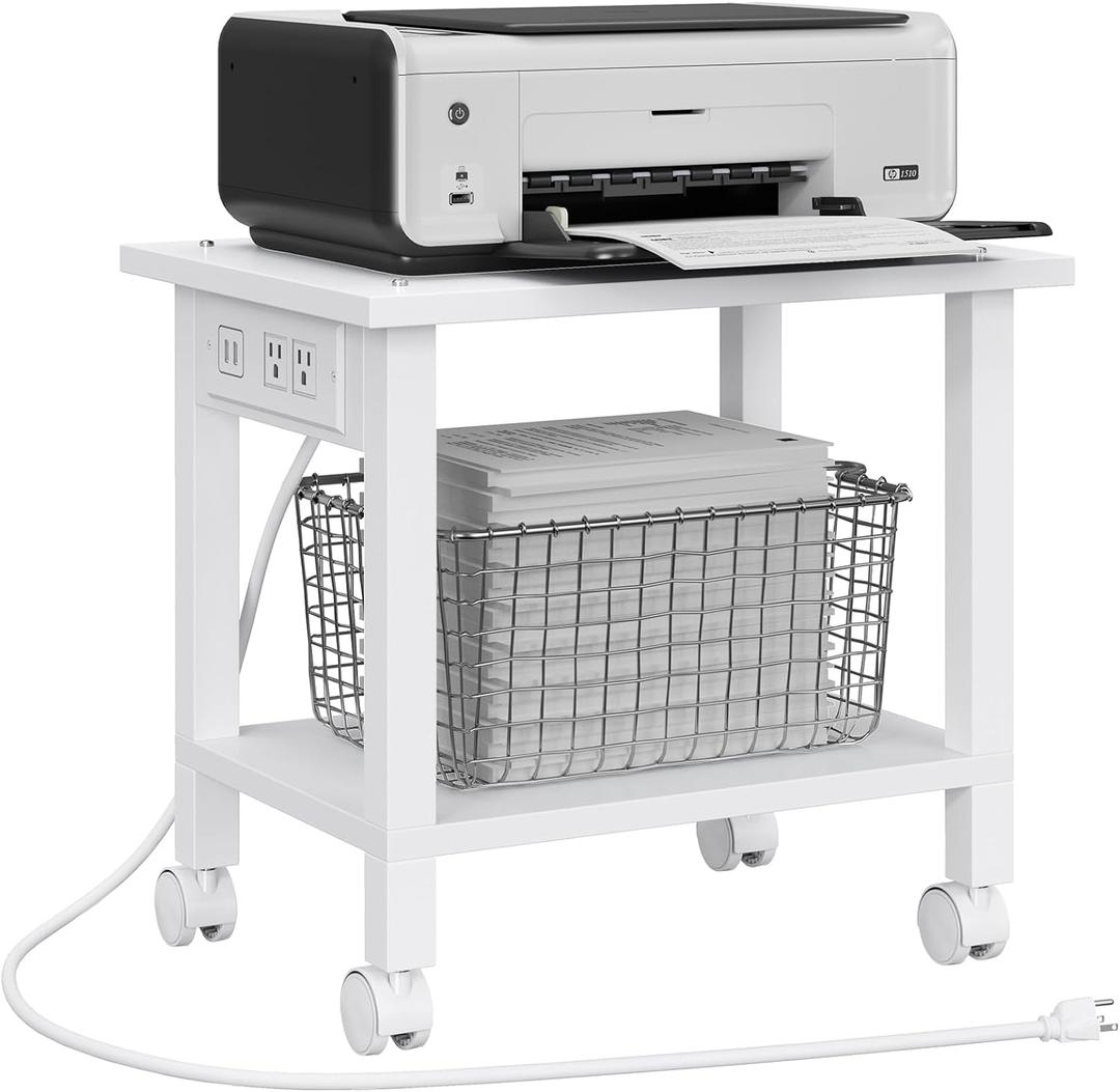 TUTOTAK 2 Tier Printer Stand, Rolling Printer Cart with Power Outlets and USB Ports, Mobile Printer Table with Wheels, for Under Desk, Office, Home, White PS01BW001 (2 tier(15.7 x 11.8 x 15.4inchs))