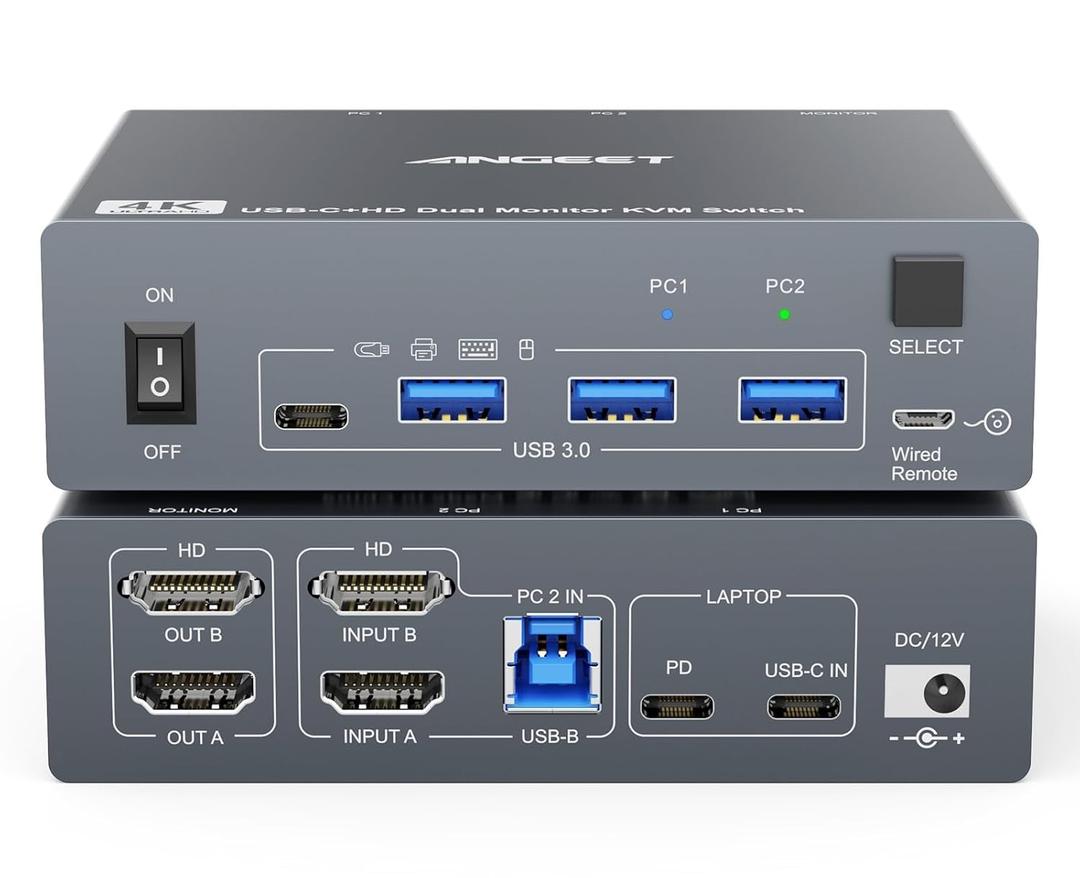 Dual Monitor KVM Switch for Laptop & Desktop 4K@60Hz, USB C and HDMI KVM Switch 2 Monitors 2 Computers with 4 USB 3.0 Port for Keyboard Mouse, 80W PD Charging, with Wired Remote and USB C Cable