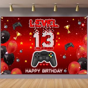 Level 13 Unlocked Backdrop Banner Decorations Video Game On Happy 13th Birthday for Boys Kids Red and Black 13 Years Old Level Up Theme Bday Background Photography Party Decor Sign Supplies