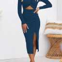 Pink Queen Women's Crew Neck Long Sleeve Midi Dress Cutout Twist Front Bodycon Slit Pencil Ribbed Knit Dresses (S)