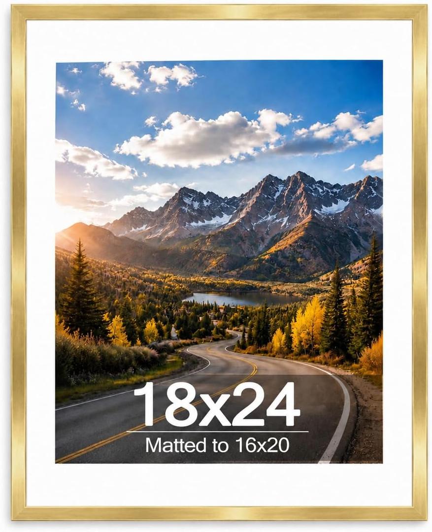 Wood 18x24 Picture Frame with 16x20 Mat Gold, Display 16x20 with Mat or 18x24 Without, Wood 18 by 24 Photo Frame, 18 x 24 Frame for Wall Hanging Display, Gold