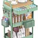 ALVOROG Rolling Cart with Drawer and Wood Table Top, 3 Tier Metal Rolling Utility Cart on Wheels with DIY Pegboards, Hanging Baskets, Hooks for Bedroom,Office,Craft Supplies