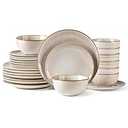 AmorArc Stoneware Dinnerware Sets for 8, 24 Pieces Handpainted Ceramic Plates and Bowls Set, Scratch Resistant Dishes Set, Dishwasher & Microwave Safe, Cappuccino