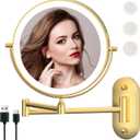 Rechargeable Wall Mounted Lighted Makeup Vanity Mirror 9 Inch Double Sided 1X 10X Magnifying Bathroom Mirror, 3 Color Lighting, Touch Screen Dimming, 360 Rotation Shaving Mirror Gold