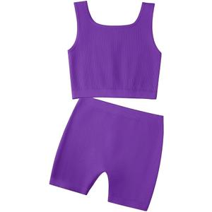EXARUS Girl's 2 Piece Outfits Workout Set Seamless Ribbed Cropped Tank Tops and Athletic Shorts Summer Kids 10Y (Purple)