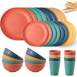 Reusable Plastic Dinnerware Sets for 8, Wheat Straw Microwave Safe Cups Plates and Bowls Set, Unbreakable Kitchen Dish Set for RV Camping Picnic Dorm, 32Pcs, Multicolor Reusable Plastic Dinnerware Sets for 8, Wheat Straw Microwave Safe Cups Plates and Bowls Set, Unbreakable Kitchen Dish Set for RV Camping Picnic Dorm, 32Pcs, Multicolor