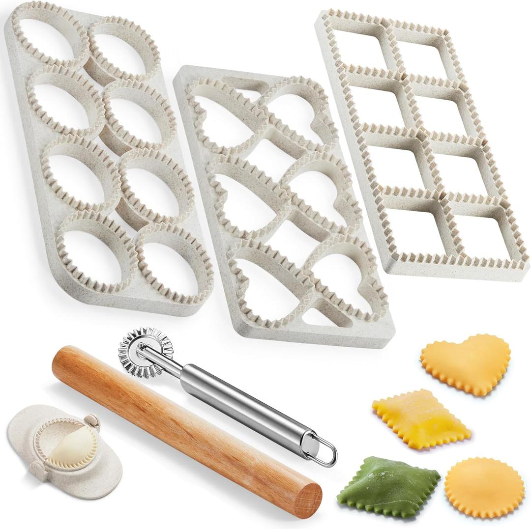 Ravioli Maker Press, Ravioli Press Mold Set - Round, Heart, Square Ravioli Stamp Maker Cutter with Wood Rolling Pin, 2.6" Empanada Maker Press Kit and Ravioli Wheel 3 PCS