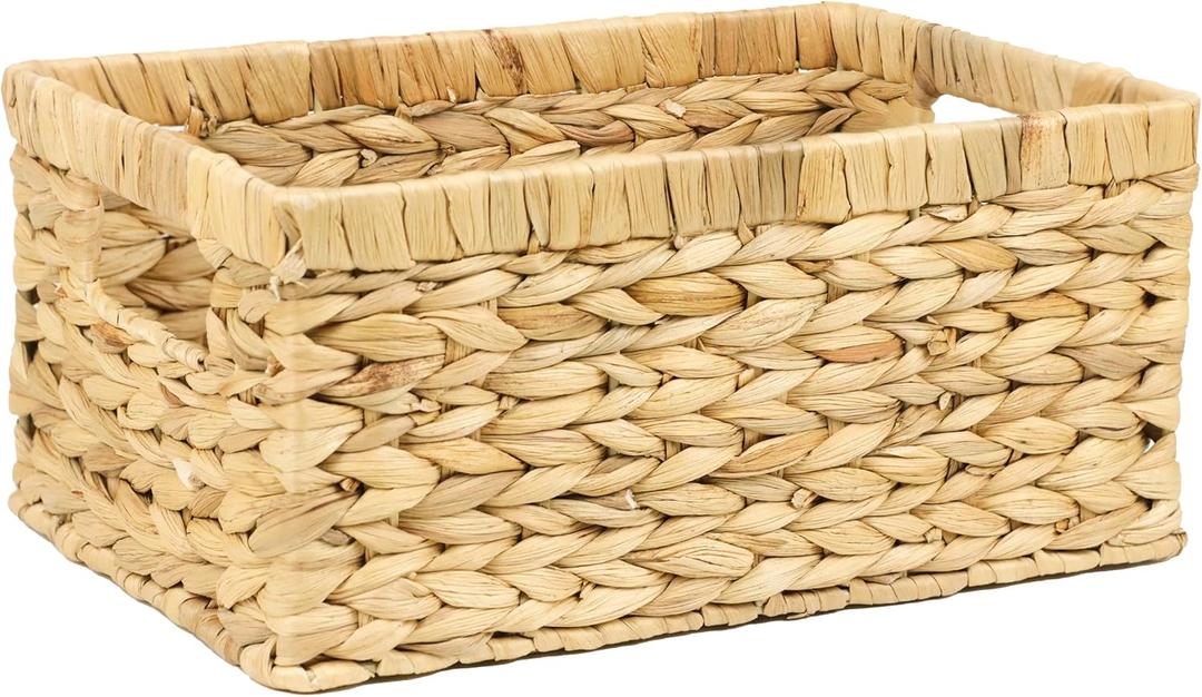 Wicker Basket, Water Hyacinth Baskets for Organizing, Rectangular Wicker Storage Basket for Shelves, Decorative Storage Bin with Built-in Handles (Medium)