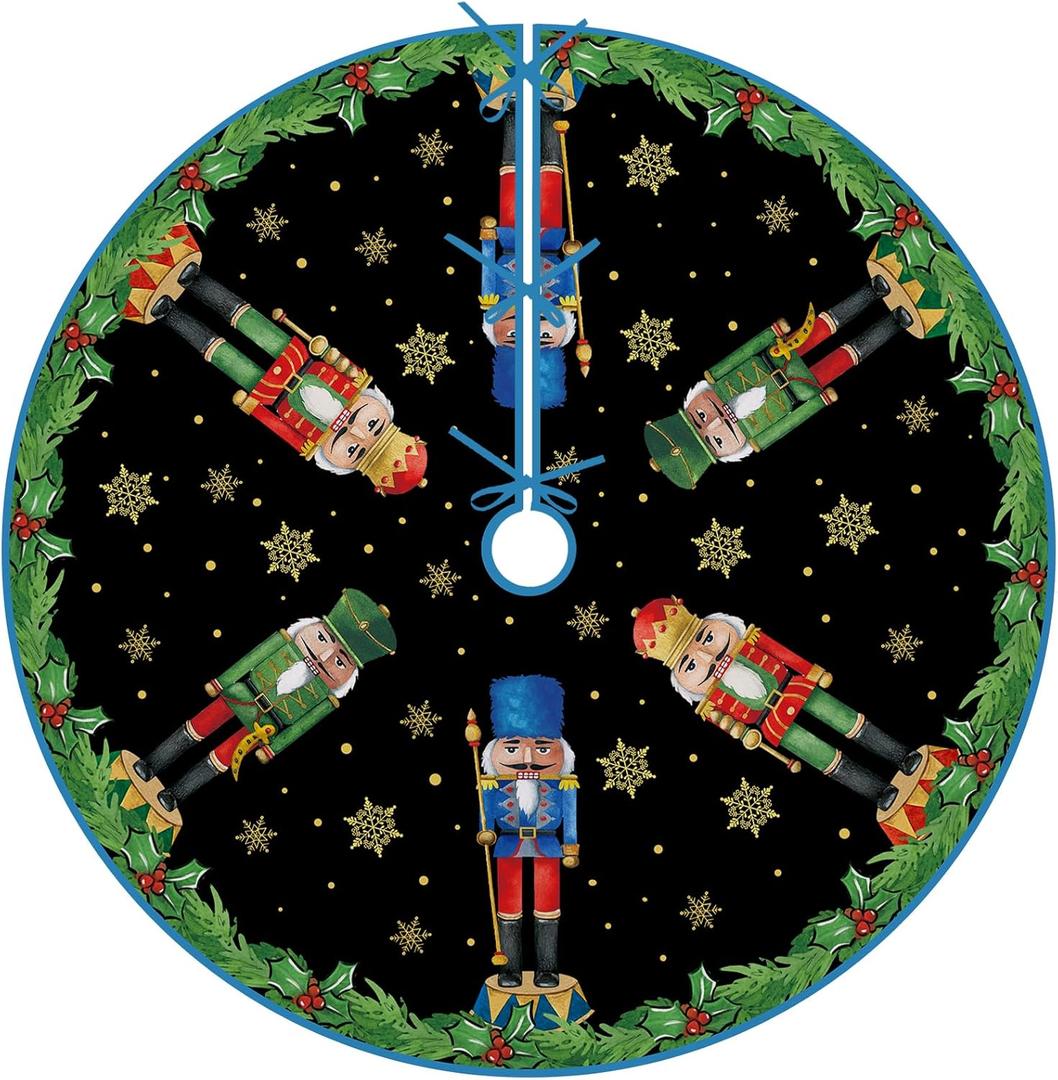 Nutcracker Black Christmas Tree Skirt, 48 Inches Lace-up Snowflake Holly Red Berries Xmas Tree Skirt, Winter Holiday Party Indoor Decoration Home Decor