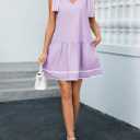 Wenrine Womens Summer V Neck Mini Dress Tie Shoulder Sleeveless Contrast Loose Casual Beach Dresses (Purple)