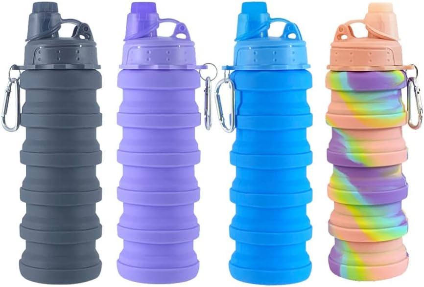 Collapsible Water Bottles 4 pack Travel Water Bottle Portable Hiking Water Bottle with Leak proof Twist Cap 500ML Reusable BPA Free Silicone Water Bottles. (Black+Purple+Blue+Pink)