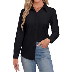 Womens Button Down Dress Shirts Long Sleeve Button Up Collared Blouses Fitted Wrinkle Free Work Office Top Black XX-Large (Black, XXL)