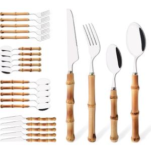 Bamboo Handle Silverware Set, 24-Piece Flatware Set for 6, Stainless Steel Cutlery Eating Utensils Include Forks Spoons and Knives for Daily Use and Party, Reusable and Modern Design
