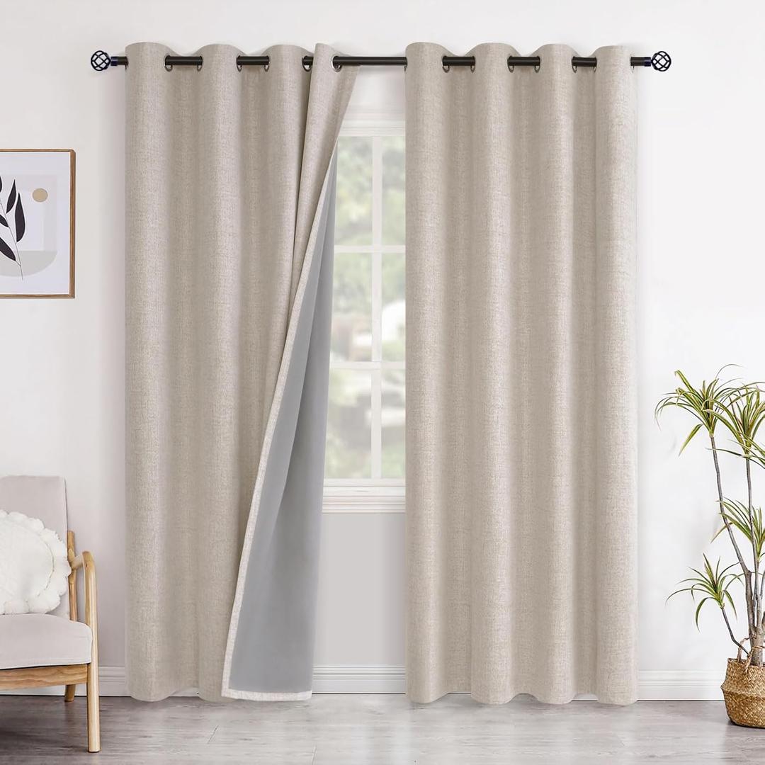 YoungsTex Extra Long Linen Blackout Curtains 90 Inch Length for Bedroom Windows, Oatmeal Thermal Insulated Drapes with Grommet Privacy Light Blocking for Living Room Farmhouse, 2 Panels, 52 X 90 Inch