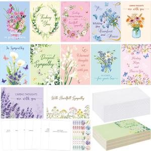 Sympathy Cards with Envelopes and Stickers Bulk Flower Sympathy Cards for Loss of Loved One Beautiful Assorted Condolences Set with Comfort Messages for Bereavement Gift Supplies(72 Pack)