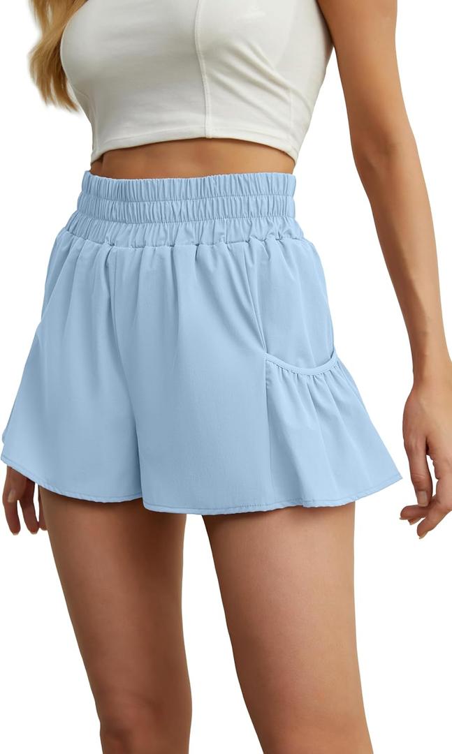 FREEOAK Flowy Athletic Shorts for Women High Waist Running Workout Skirt Gym Short Quick Dry with Pockets (Blue, XL)