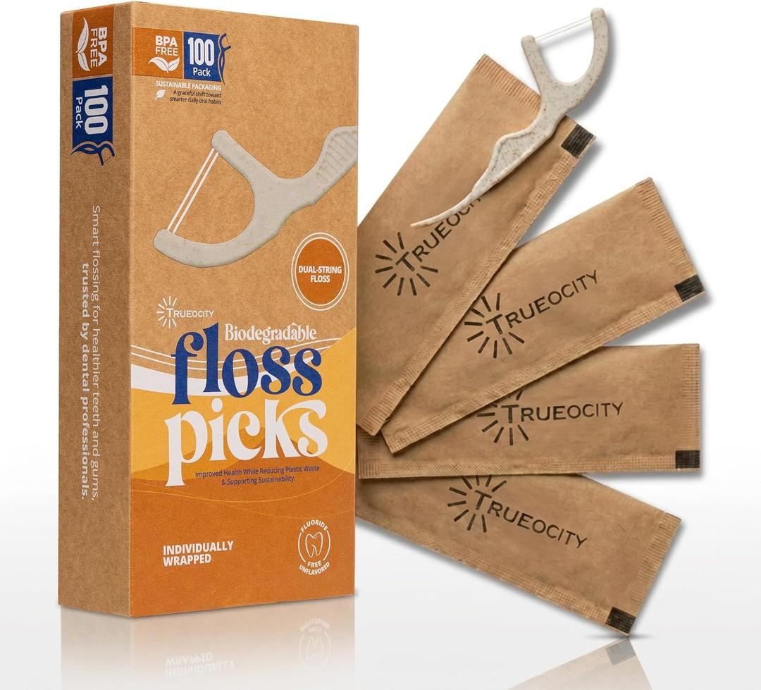 Trueocity Natural Floss Biodegradable Floss Picks 100ct Double flossers for Adults, Individually Wrapped flossers, Double Thread, Strong, Unflavored, BPA Free, Fluoride Free, Eco Friendly