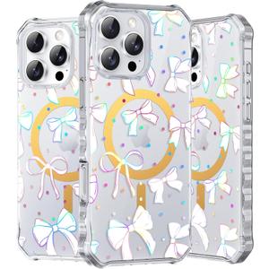 2 x PIXIU Case for iPhone 16 Pro Compatible with Magsafe, Laser Glossy Pattern,Cute Curly Wave Clear TPU Bumper Military Grade Drop Protection Phone Cover for Women/Girls -Bow