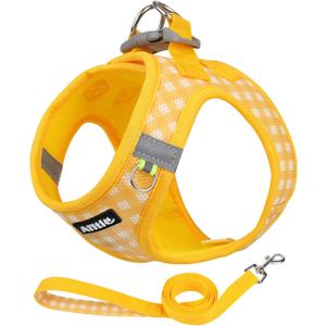 AIITLE No Pull Dog Harness and Leash Set, Step in No Chock Soft Mesh Dog Harnesses Reflective for Extra-Small Puppy Dogs and Cats, Plaid Dog Vest Harness for Pets Yellow , Size XXS