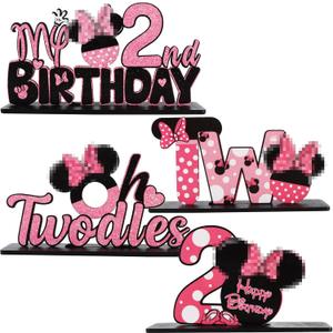TONIFUL Pink Mouse 2nd Birthday Party Supplies 2nd Table Centerpieces Pink Mouse Theme Design Sturdy Wooden for Girl TWO Years Old Birthday Favors 2nd Birthday Party Decorations(4 Pcs)