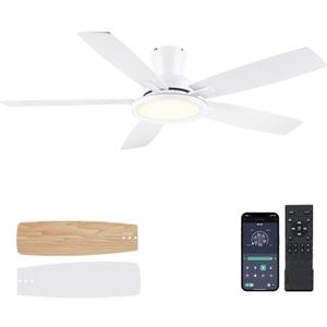 BYKISTOK 52In Flush Mount Ceiling Fans with Lights - White Low ProfileCeiling Fan with Remote/APP, Reversible, 3CCT Dimmable, Modern Fan Light for Indoor Living Room, Outdoor Covered Patios