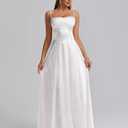 KUTUMAI Satin Maxi Dress Spaghetti Strap Lace Up Long Formal Dresses for Women Wedding Guest Cocktail Evening Prom (White, S)