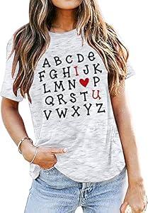 Valentines Shirts Teacher Outfits Alphabet ABC I Love You Tops Girlfriend Gifts Valentine Short Sleeve Tees Tops White