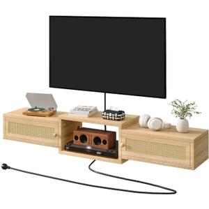 IBUYKE Modern Rattan Floating TV Stand with Doors,Wall Mounted TV Shelf for TVs up to 55 Inches,Media Console Entertainment Center for Under TV Storage Cabinet for Living Room Bedroom,Natural UWST012N