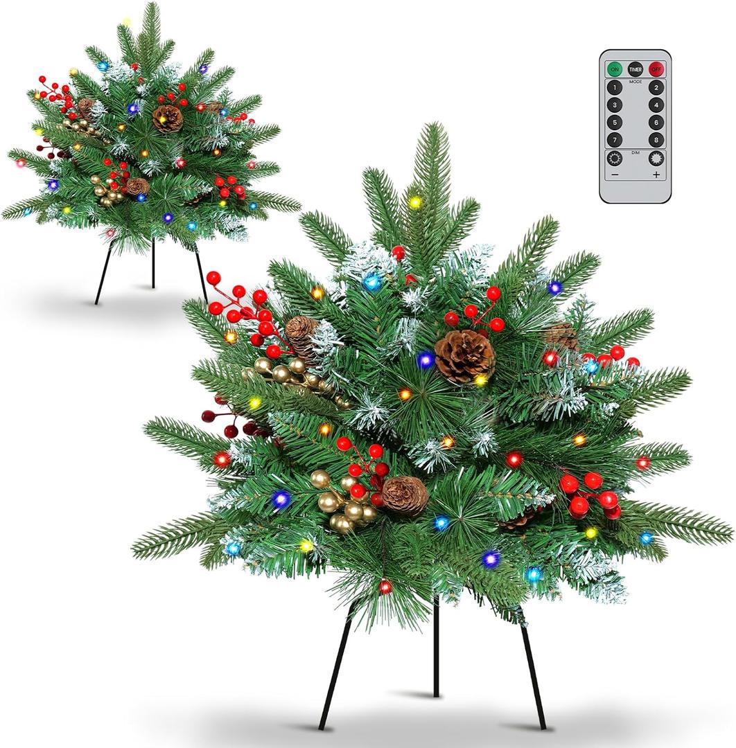 Set of 2 23.6 Inch Lighted Outdoor Christmas Tree Christmas Planter Filler with Remote, 8 Modes, Battery Operated Urn Filler Porch Decorations with Pine Cones, Red Berries for Pathway Yard Home Decor