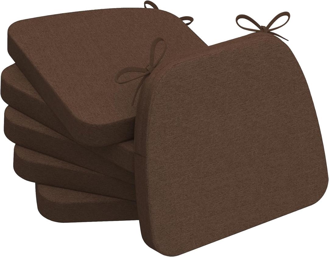 Accessories D-Shaped Chair Cushions, 2" Thick Dining Chair Pads with Ties and Removable, Machine-Washable Cover, 17" x 16", Set of 6, Brown