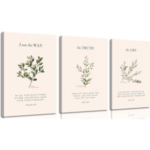 3Pcs Christian Bible Canvas Wall art Religious Verse Painting Picture Wall Decor Proverbs 3:6 John 14:6 Vintage Botanical Poster Print Artwork for Bedroom Living Room Study Home Decoration Neutral Beige Faith Gifts, 16x24in