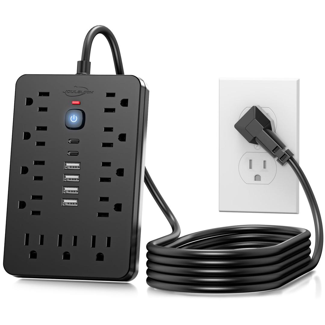JouleLoom 10 FT Flat Plug Surge Protector Power Strip,11 Multiple AC Outlets with 6 USB Ports (2 USB C), 10 Feet Extension Cord, 1250W/10A, One Touch Switch Button, 17 in 1 Compact powerstrip