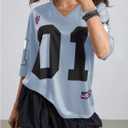 Women's Number Graphic Mesh Jersey Shirt V Neck 3/4 Sleeve Football Tee Tops Sportswear (Blue, XL)