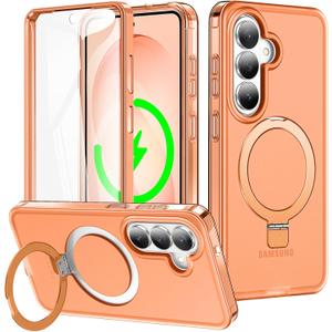 for Samsung Galaxy S26 Case with Magnetic Invisible Stand[Compatible with MagSafe] with Screen Protector Dual Layer Full Body Military Shockproof Translucent Phone Cover-Orange