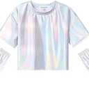 Perfashion Girls Metallic Shirts with Arm Sleeves, Shiny Crop Top for Dancing, Raves, Festivals, Costumes 12-13 Years